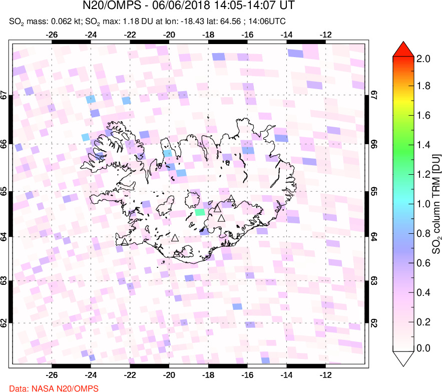 A sulfur dioxide image over Iceland on Jun 06, 2018.