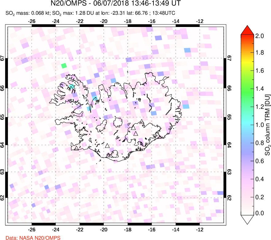 A sulfur dioxide image over Iceland on Jun 07, 2018.