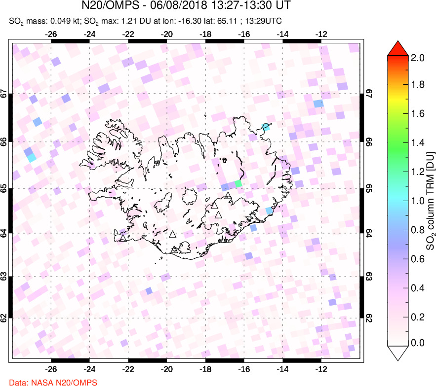 A sulfur dioxide image over Iceland on Jun 08, 2018.
