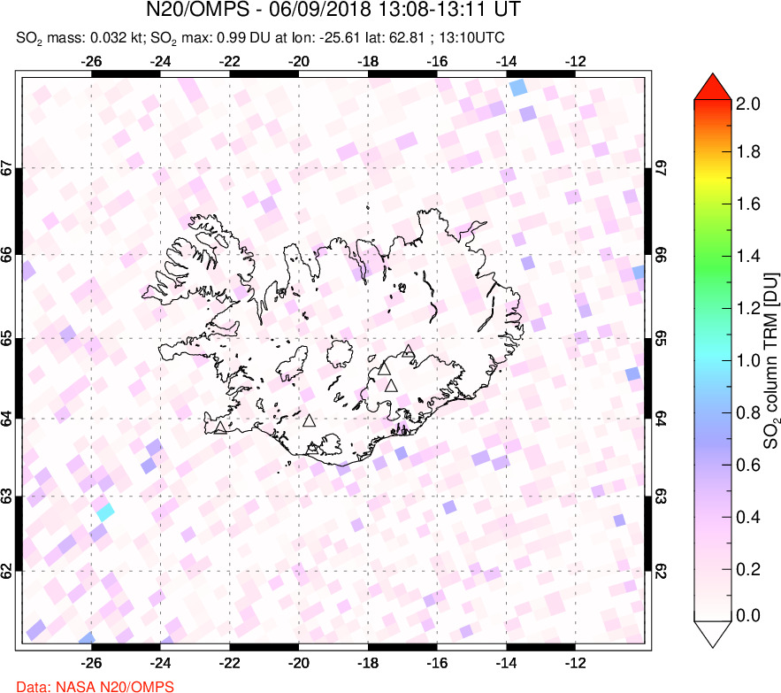A sulfur dioxide image over Iceland on Jun 09, 2018.