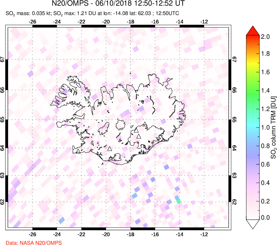 A sulfur dioxide image over Iceland on Jun 10, 2018.