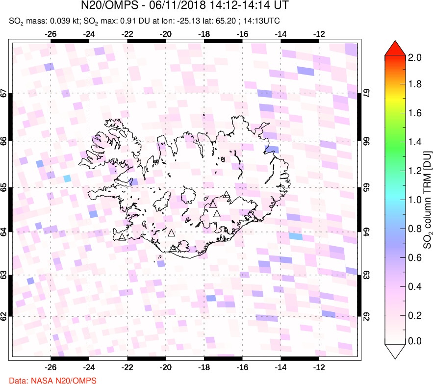 A sulfur dioxide image over Iceland on Jun 11, 2018.