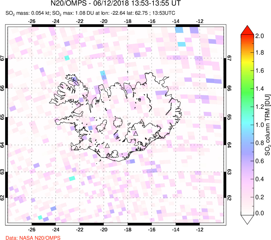 A sulfur dioxide image over Iceland on Jun 12, 2018.