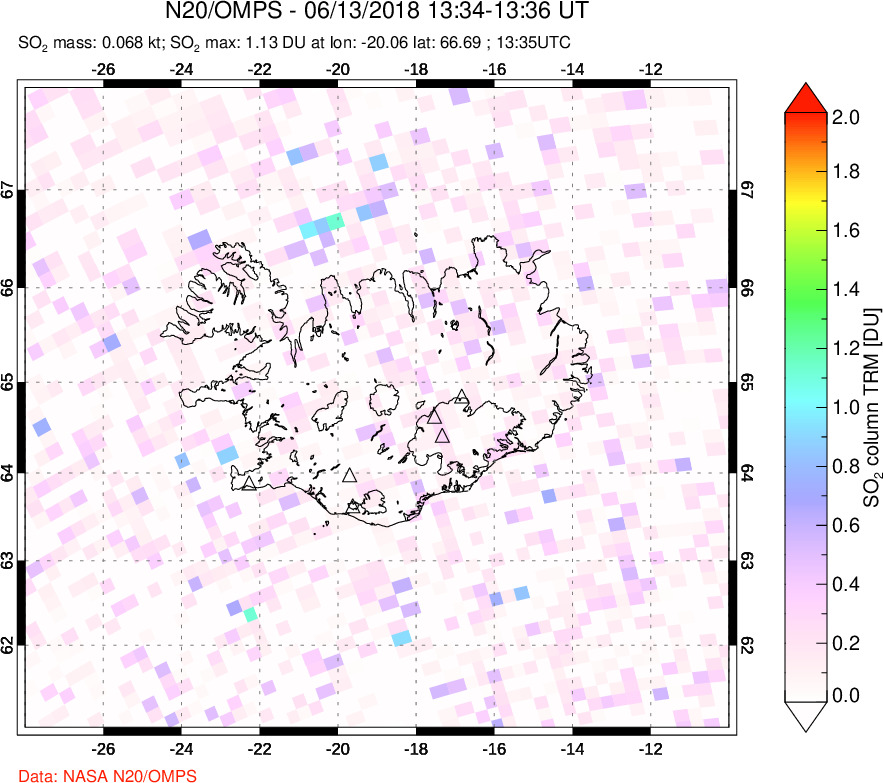 A sulfur dioxide image over Iceland on Jun 13, 2018.