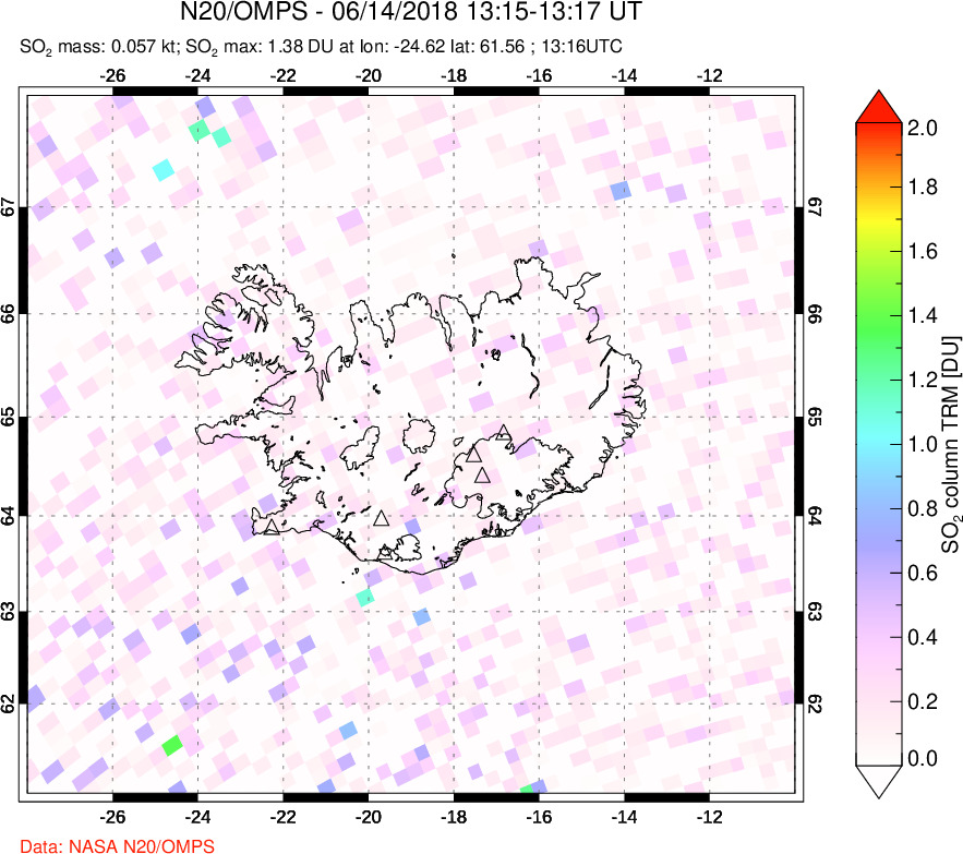 A sulfur dioxide image over Iceland on Jun 14, 2018.