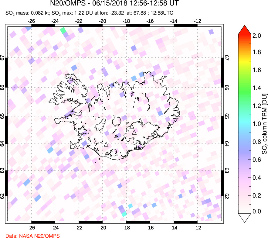 A sulfur dioxide image over Iceland on Jun 15, 2018.