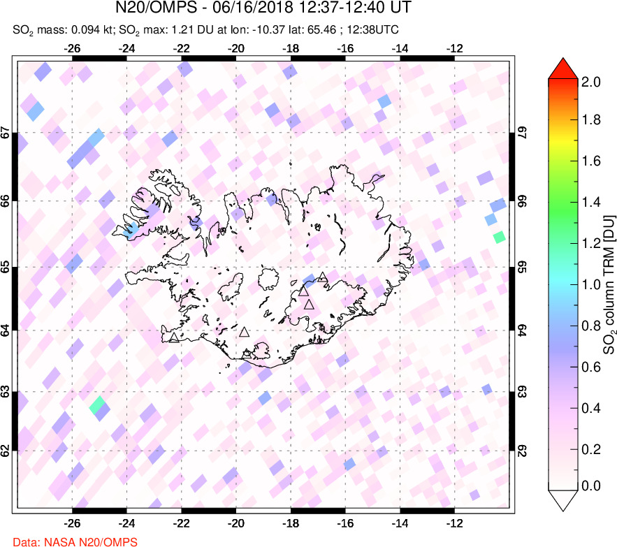 A sulfur dioxide image over Iceland on Jun 16, 2018.