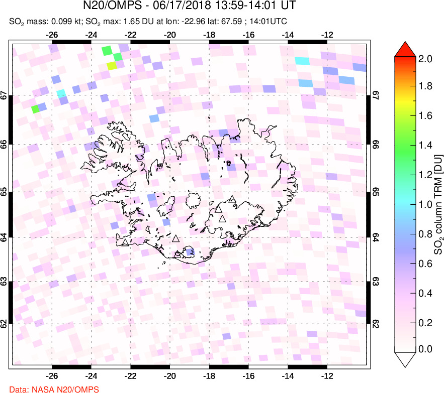 A sulfur dioxide image over Iceland on Jun 17, 2018.