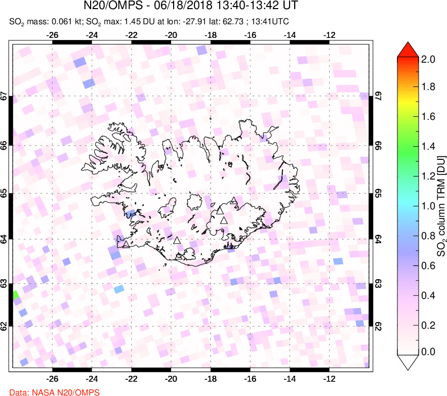 A sulfur dioxide image over Iceland on Jun 18, 2018.