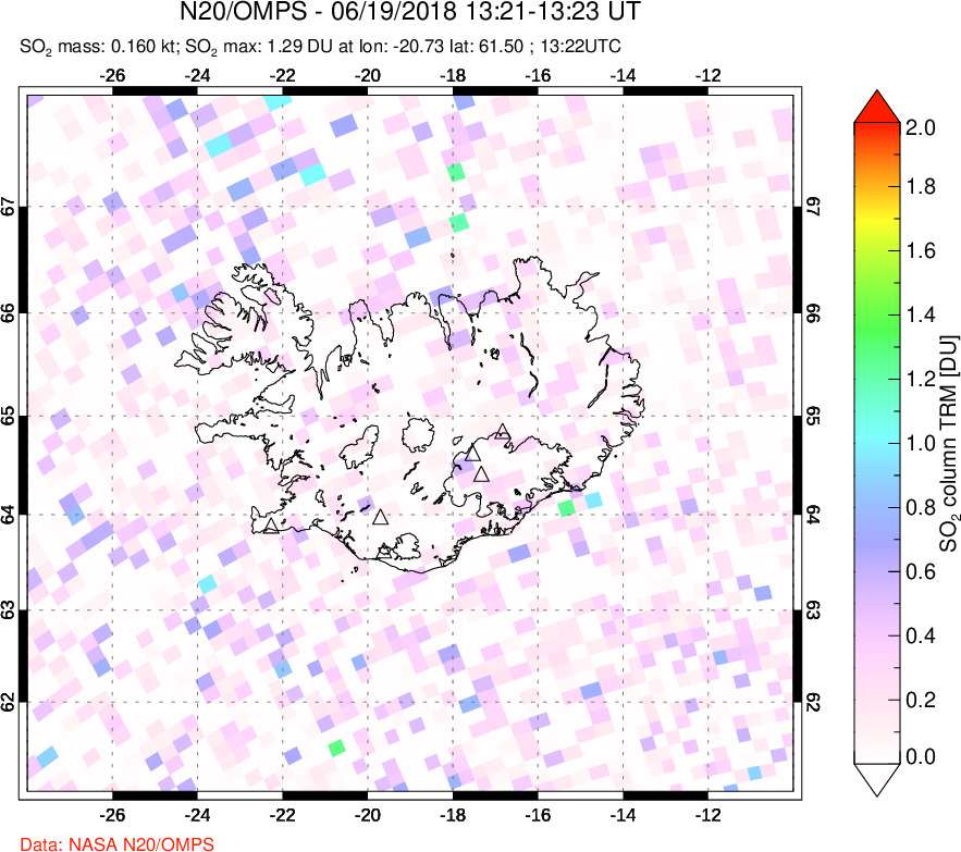 A sulfur dioxide image over Iceland on Jun 19, 2018.