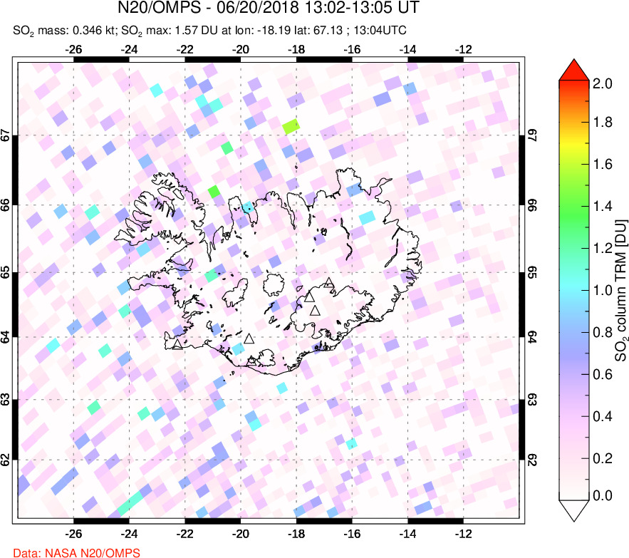 A sulfur dioxide image over Iceland on Jun 20, 2018.