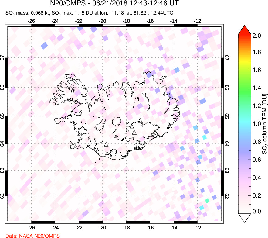 A sulfur dioxide image over Iceland on Jun 21, 2018.