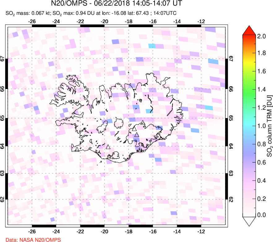 A sulfur dioxide image over Iceland on Jun 22, 2018.