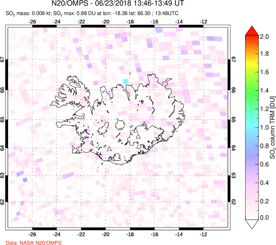 A sulfur dioxide image over Iceland on Jun 23, 2018.