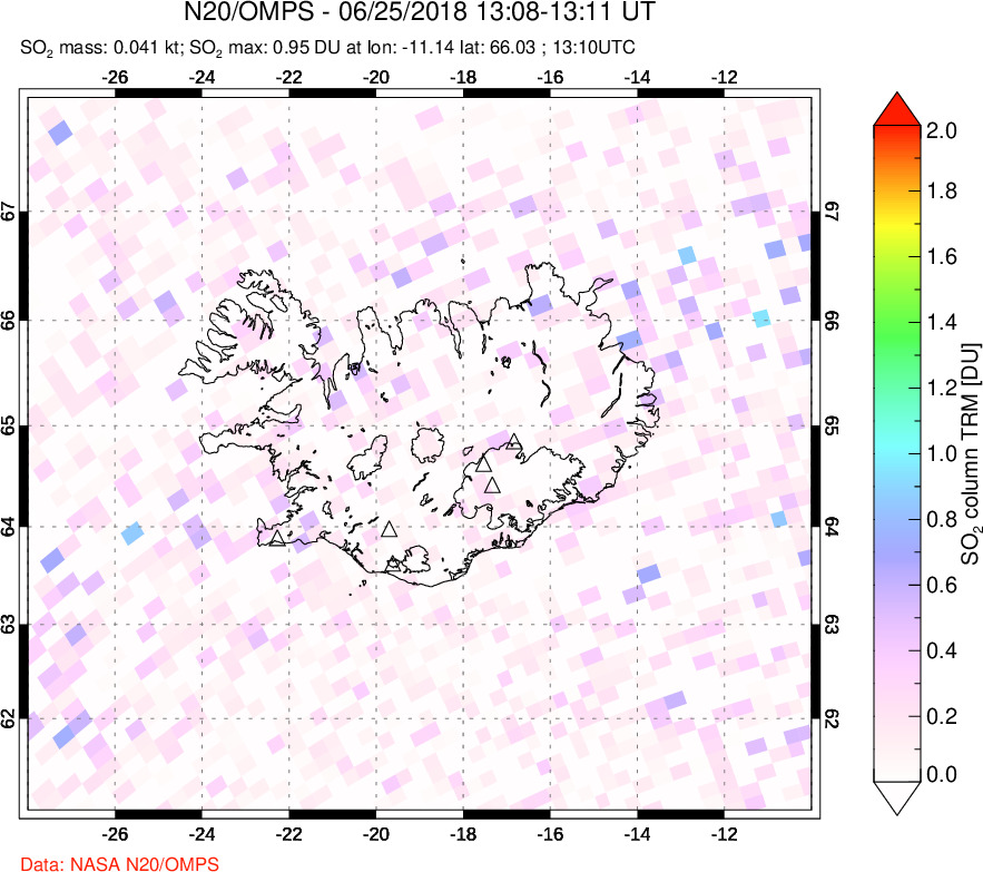 A sulfur dioxide image over Iceland on Jun 25, 2018.