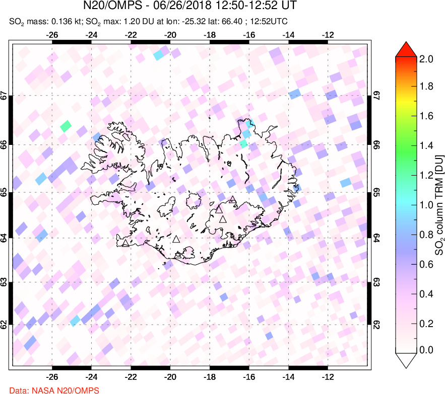 A sulfur dioxide image over Iceland on Jun 26, 2018.