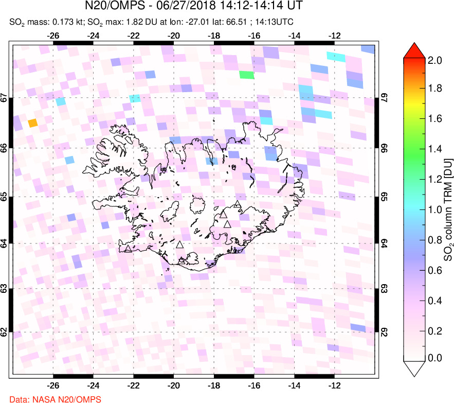 A sulfur dioxide image over Iceland on Jun 27, 2018.