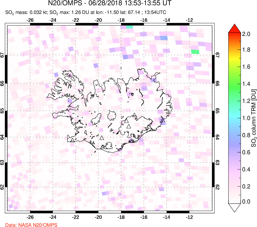 A sulfur dioxide image over Iceland on Jun 28, 2018.