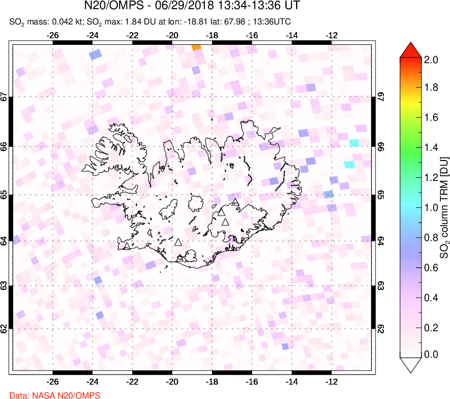 A sulfur dioxide image over Iceland on Jun 29, 2018.