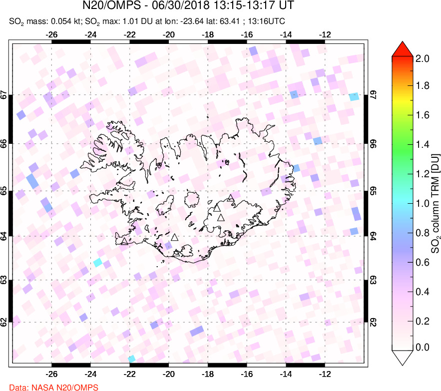 A sulfur dioxide image over Iceland on Jun 30, 2018.