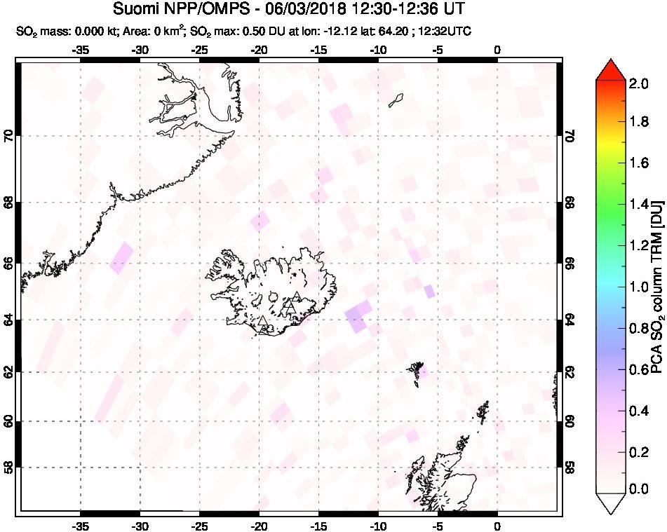 A sulfur dioxide image over Iceland on Jun 03, 2018.