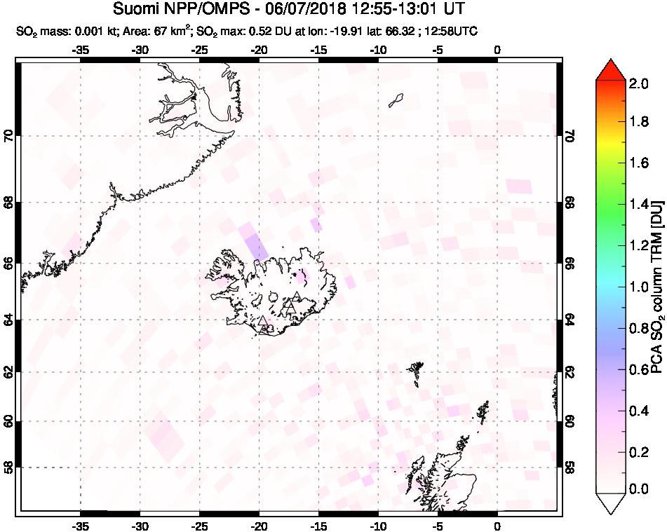 A sulfur dioxide image over Iceland on Jun 07, 2018.