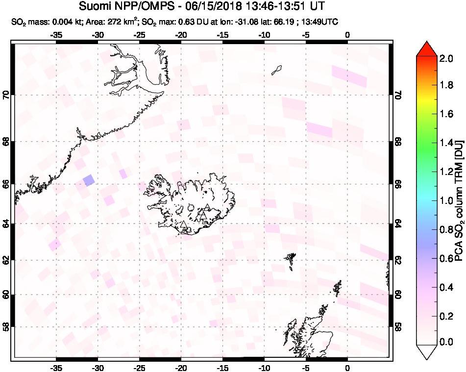 A sulfur dioxide image over Iceland on Jun 15, 2018.