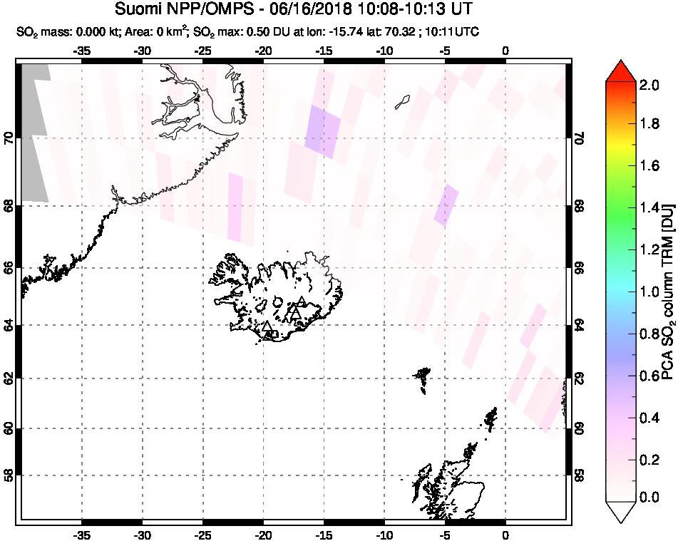 A sulfur dioxide image over Iceland on Jun 16, 2018.