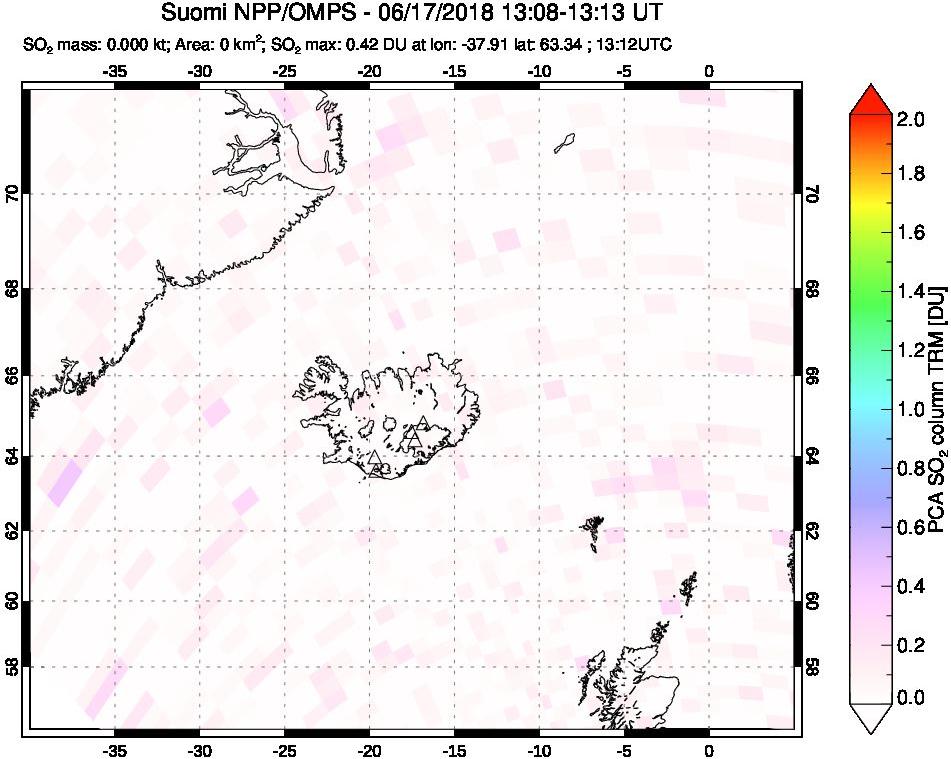 A sulfur dioxide image over Iceland on Jun 17, 2018.