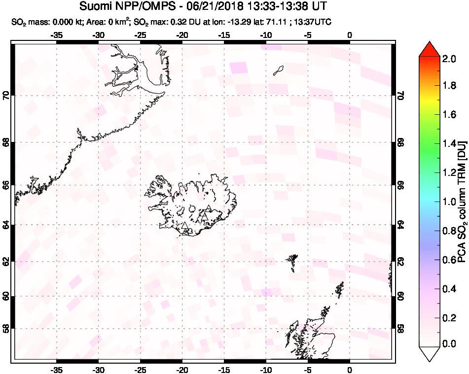 A sulfur dioxide image over Iceland on Jun 21, 2018.