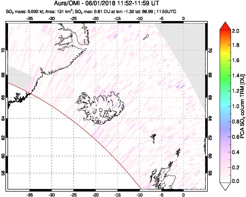 A sulfur dioxide image over Iceland on Jun 01, 2018.