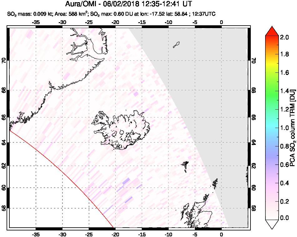 A sulfur dioxide image over Iceland on Jun 02, 2018.