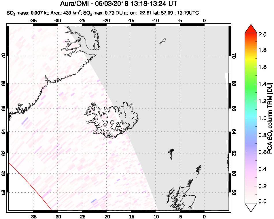 A sulfur dioxide image over Iceland on Jun 03, 2018.