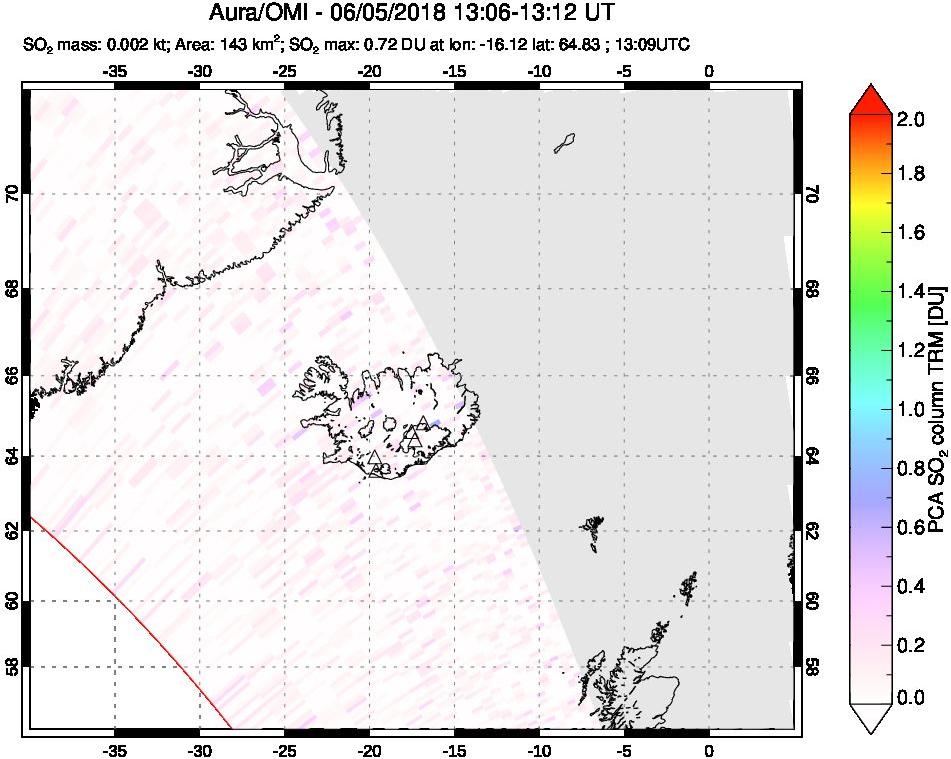 A sulfur dioxide image over Iceland on Jun 05, 2018.