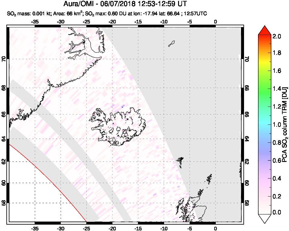 A sulfur dioxide image over Iceland on Jun 07, 2018.