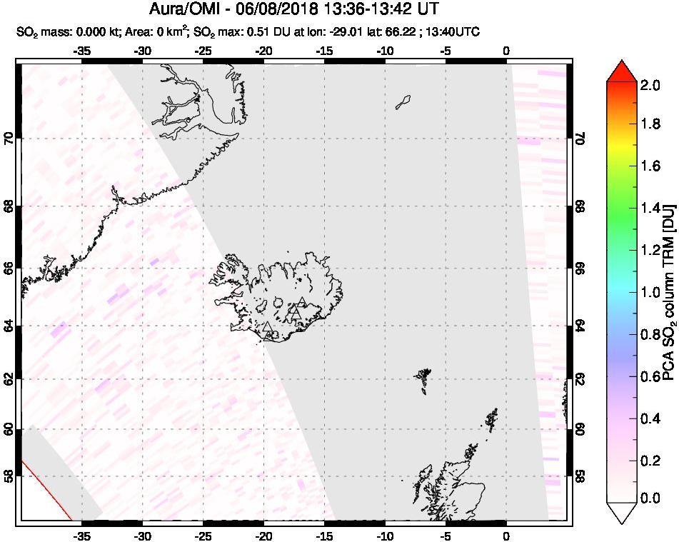 A sulfur dioxide image over Iceland on Jun 08, 2018.