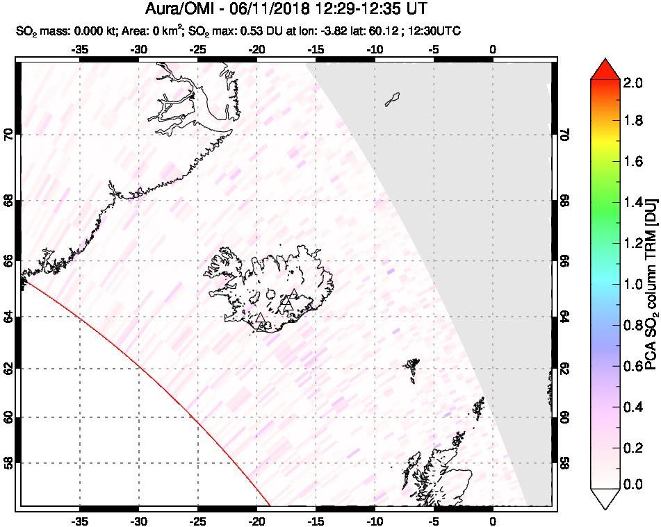 A sulfur dioxide image over Iceland on Jun 11, 2018.