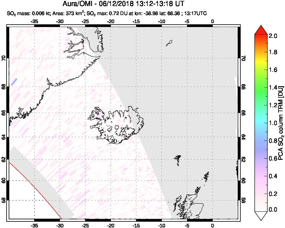 A sulfur dioxide image over Iceland on Jun 12, 2018.