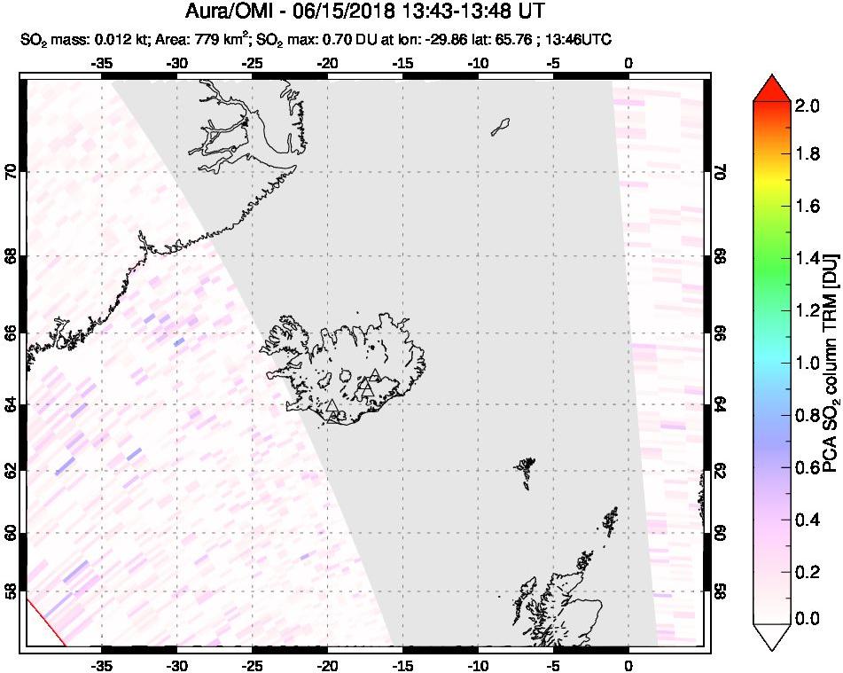 A sulfur dioxide image over Iceland on Jun 15, 2018.