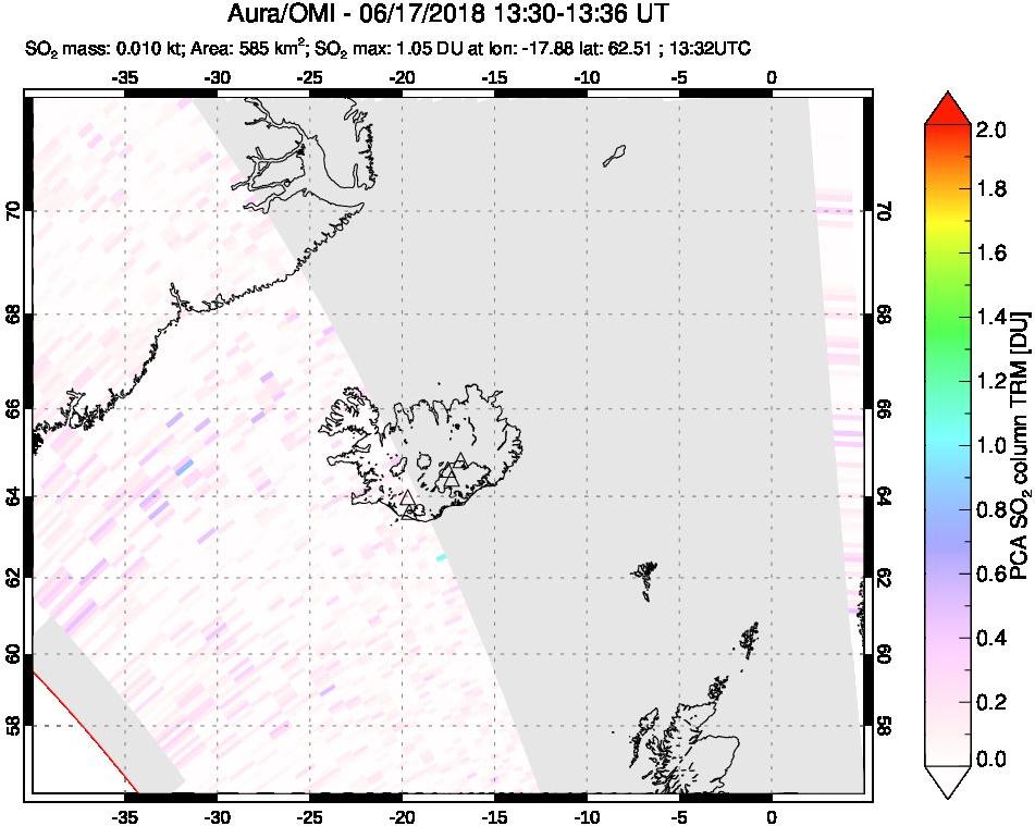 A sulfur dioxide image over Iceland on Jun 17, 2018.