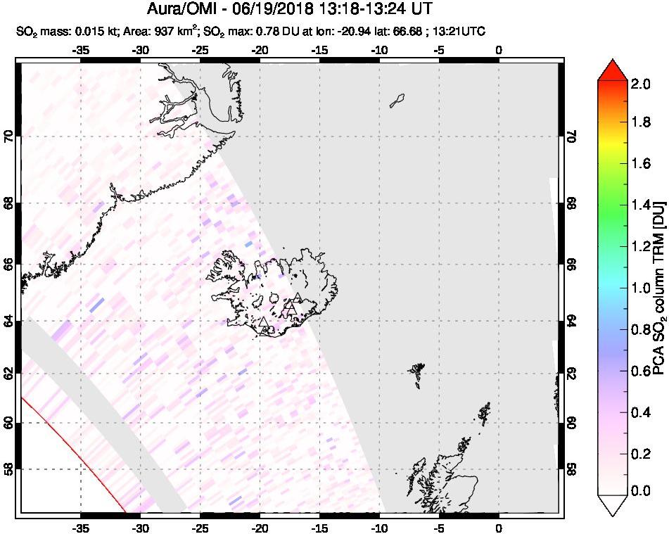 A sulfur dioxide image over Iceland on Jun 19, 2018.