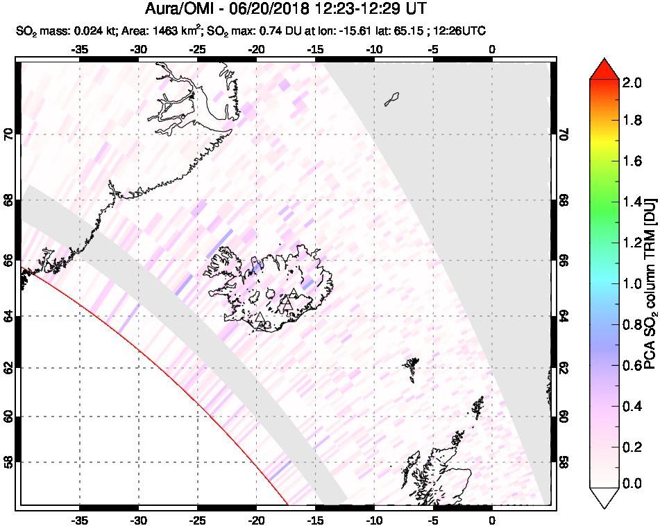 A sulfur dioxide image over Iceland on Jun 20, 2018.