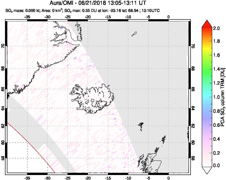 A sulfur dioxide image over Iceland on Jun 21, 2018.