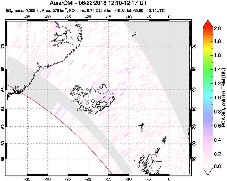 A sulfur dioxide image over Iceland on Jun 22, 2018.