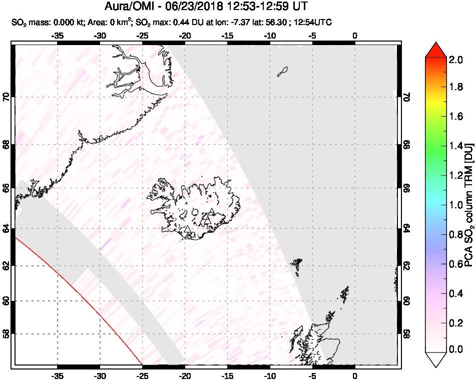 A sulfur dioxide image over Iceland on Jun 23, 2018.
