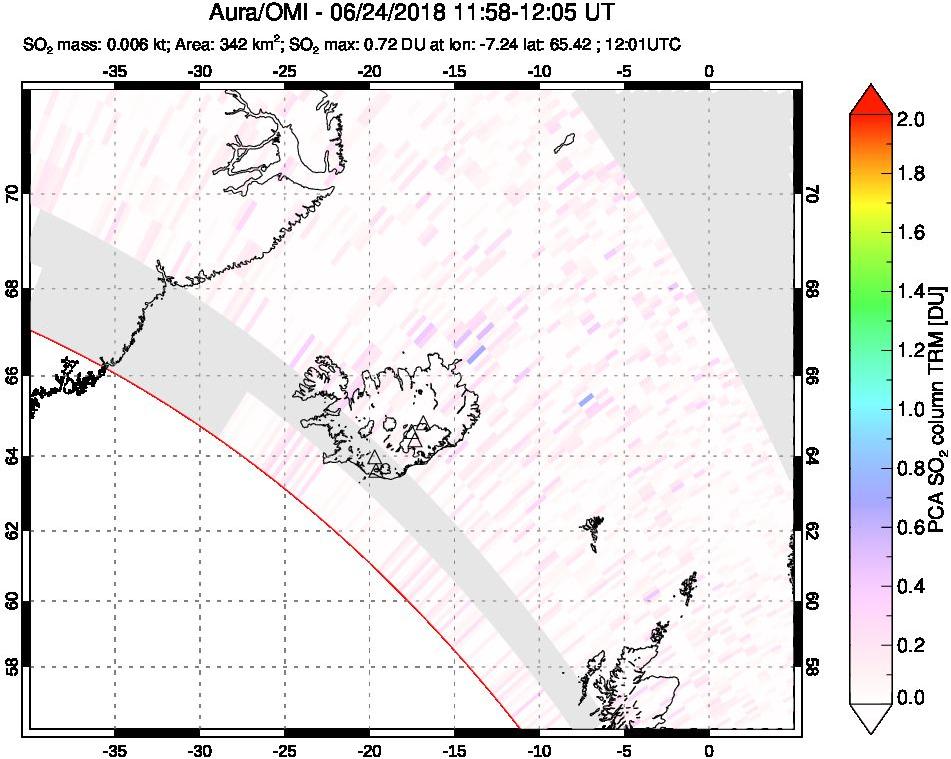 A sulfur dioxide image over Iceland on Jun 24, 2018.
