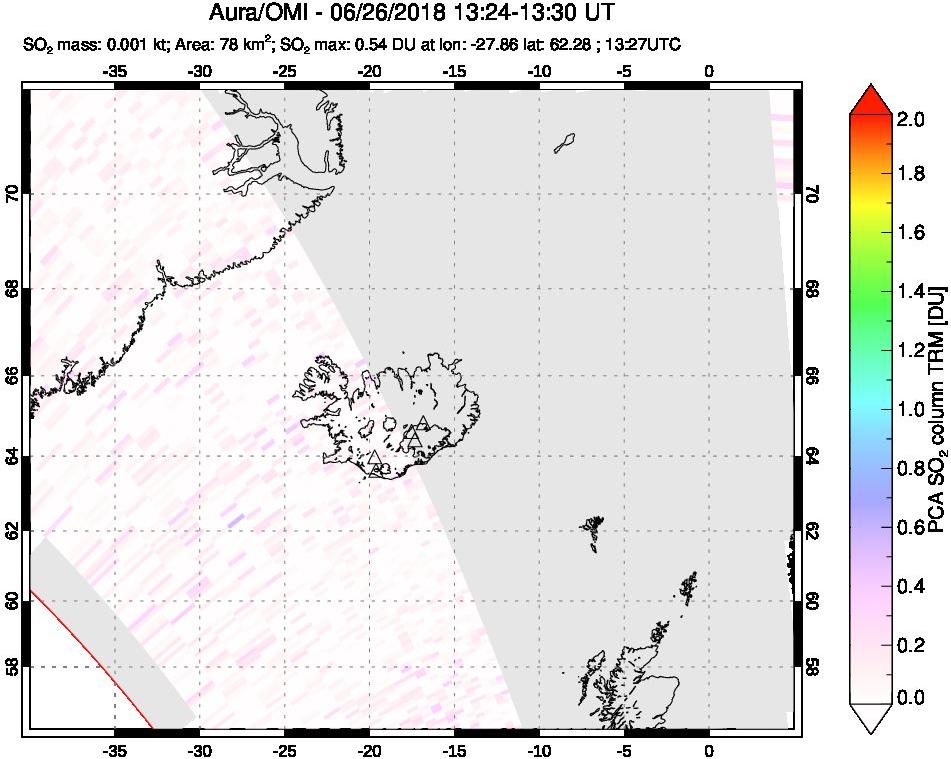 A sulfur dioxide image over Iceland on Jun 26, 2018.