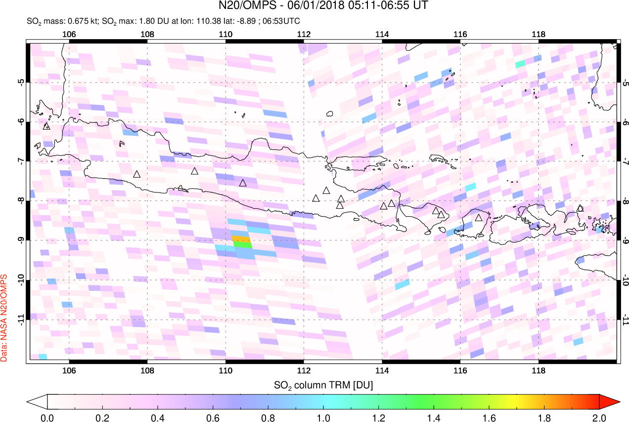 A sulfur dioxide image over Java, Indonesia on Jun 01, 2018.