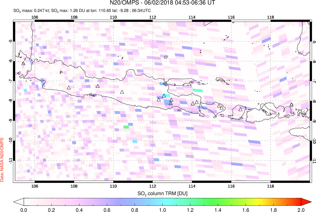 A sulfur dioxide image over Java, Indonesia on Jun 02, 2018.