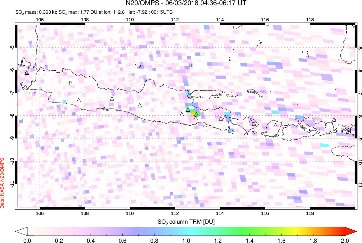 A sulfur dioxide image over Java, Indonesia on Jun 03, 2018.
